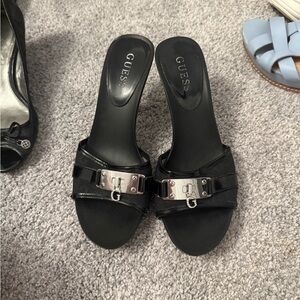 GUESS Black Leather Slide Heels with Silver Buckle